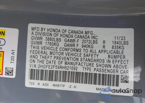 2024 Honda Civic Sport z USA, uszkodzony, nr VIN 2HGFE2F59RH521092